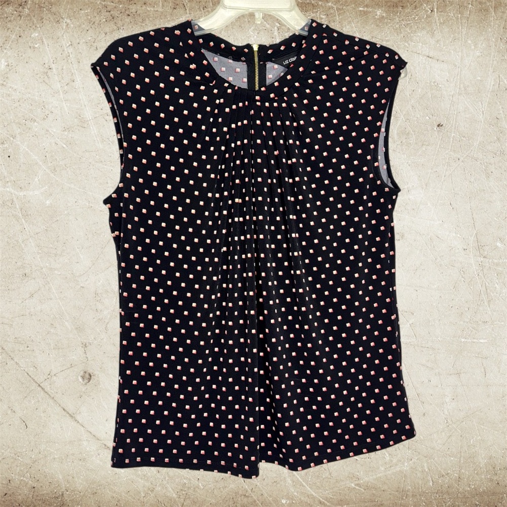 Liz Claiborne Black Sleeveless Dot Pleated Front Lightweight Career Casual Top